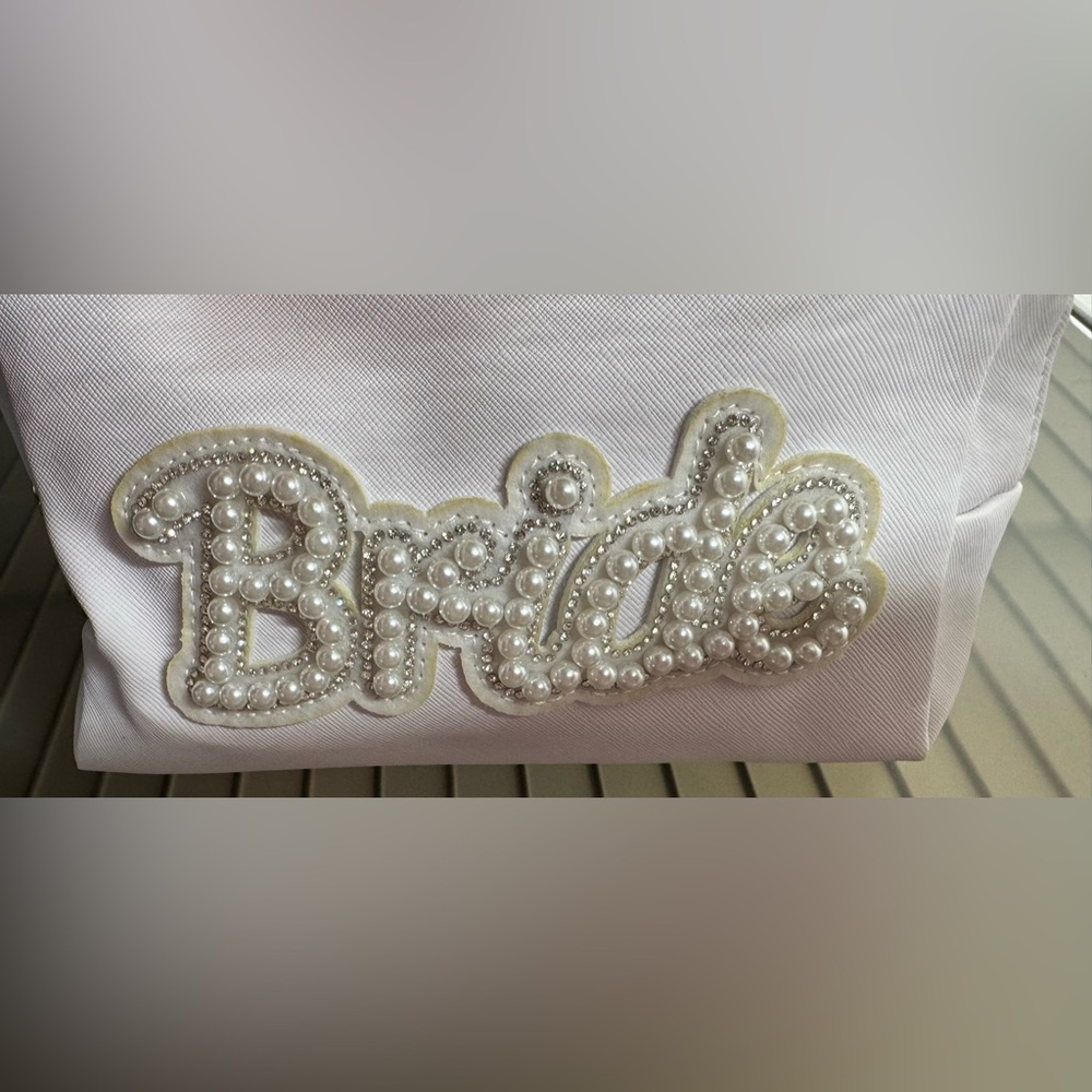 Elegant White Pearl and Crystal bride cosmetic bag gold accent - Picture 2 of 5